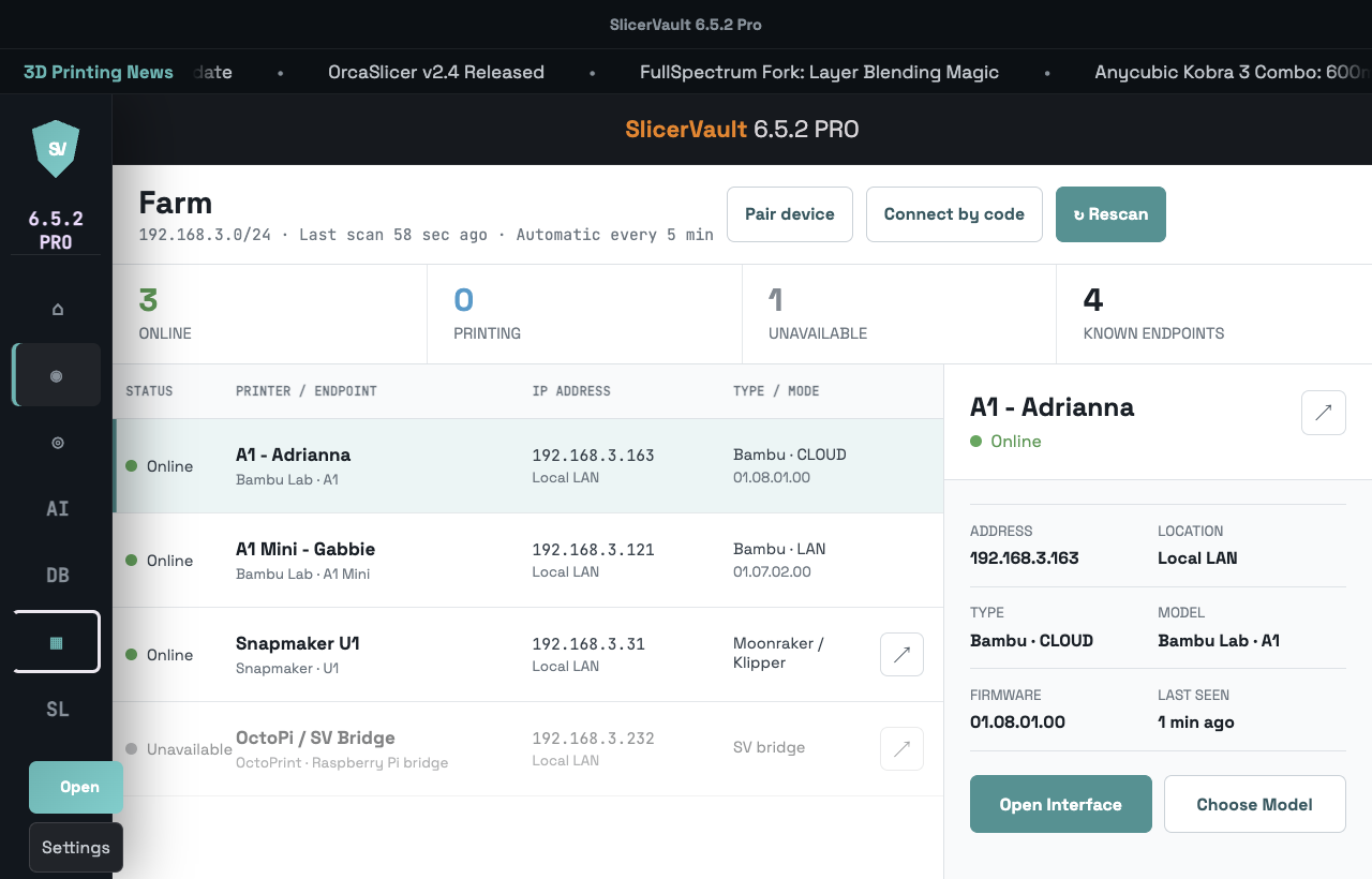SlicerVault Farm on desktop, showing local and remote printers