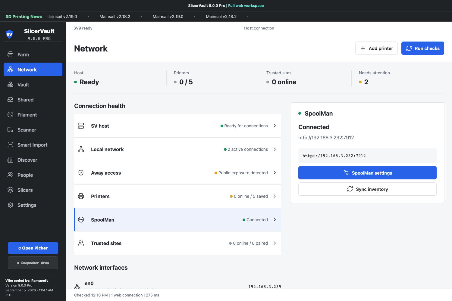 SV9 Network workspace with connection health, interfaces, and SpoolMan