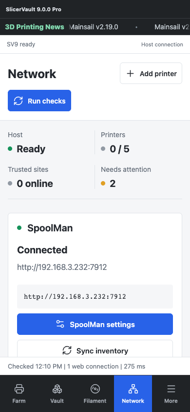 SV9 Network workspace in a phone-sized browser